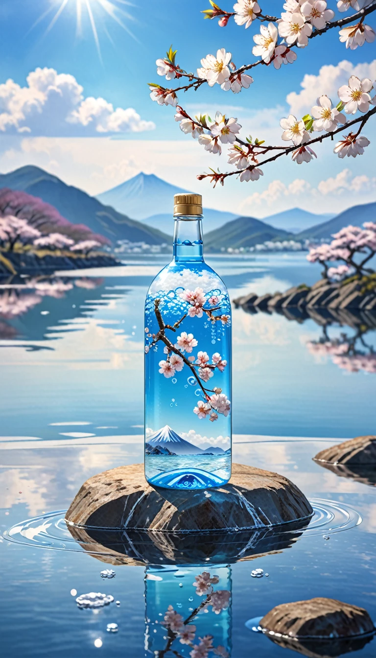 outdoor, bottle, water, no-humans, still life, Vague, bubble, landscape, water drop, ocean, sky, sky空, blue sky空, cloud, Vague background, Depth of Field, reflection, Solitary, rock, 运动Vague, Mountain, White flowers, Cherry blossoms, Branches, ice.