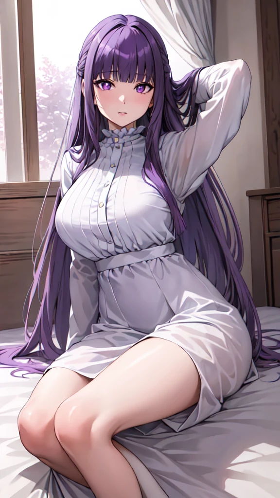 masterpiece, Highest quality, High resolution, Arfern, Long Hair, Purple Hair, Blunt bangs, Purple eyes, Large Breasts, Long dress, White Dress, Long sleeve, Sitting,arms behind head, Bedroom, Cowboy Shot,