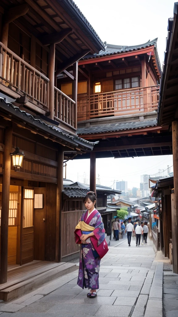 Muromachi、period drama、Downtown、yukata、Wooden single-story building、Tile roof、goodwill、crowd、Eliminating excess arms、Eliminating excess legs、Eliminating excess legs、(可愛いDowntown娘に相応しい髪型)、Hairstyles that fit the times、sunset、Sense of the times