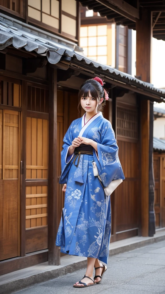 Muromachi、period drama、Downtown、yukata、Wooden single-story building、Tile roof、goodwill、crowd、Eliminating excess arms、Eliminating excess legs、Eliminating excess legs、(可愛いDowntown娘に相応しい髪型)、Hairstyles that fit the times、sunset、Sense of the times