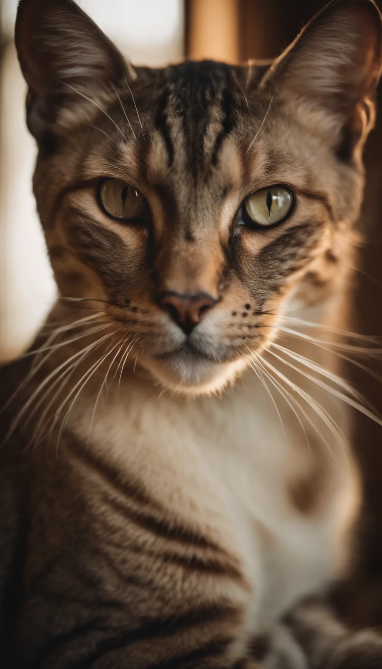Majestic feline, piercing eyes, close-up shot, vintage film, regal posture, indoor setting, soft natural lighting, mysterious atmosphere 