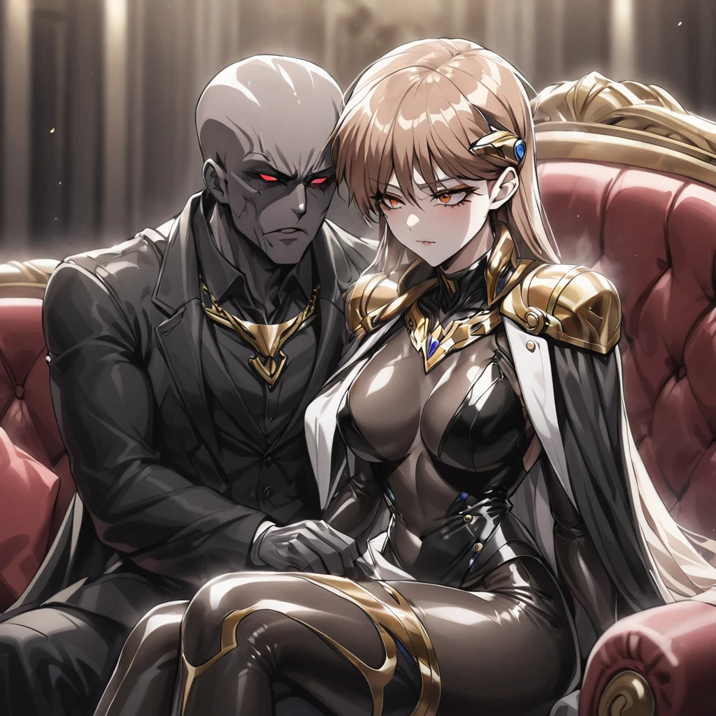 ((Highest quality)), ((masterpiece)), (detailed), （Perfect Face）、The woman is Princess Leona, with medium-long light brown hair, wearing a shiny, flashy, sexy, revealing black dress bodysuit, an open-front skirt, a cape, a headgear, lipstick and makeup, and is an evil female executive who is standing next to a man who is the dignified boss of an evil organization.、Women are brainwashed, expressionless, and have no highlights in their eyes.、The woman is being held close by the powerful boss of an evil organization.、A powerful male boss of an evil organization is sitting on a luxurious sofa, embracing a woman, kissing her and making love to her.