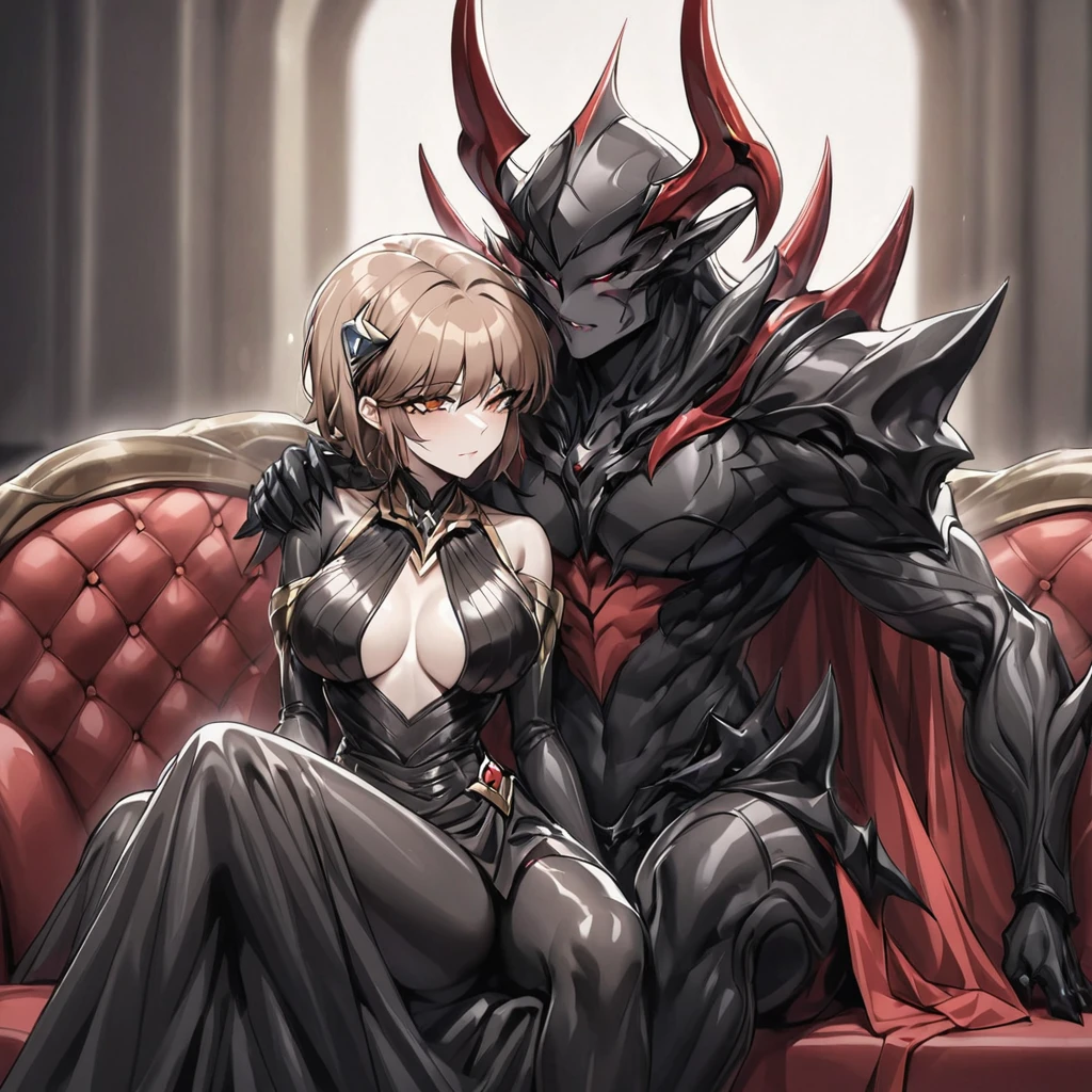 ((Highest quality)), ((masterpiece)), (detailed), (Perfect Face)、The woman is Princess Leona, with medium-long light brown hair, wearing a shiny, flashy, sexy, revealing black dress bodysuit, an open-front skirt, a cape, a headgear, lipstick and makeup, and is an evil female executive who is standing next to a man who is the dignified demon lord of an evil organization.、Women are brainwashed, expressionless, and have no highlights in their eyes.、The woman is being held close by a powerful man who is the demon king of an evil organization.、A powerful demon king of an evil organization is sitting on a luxurious sofa, embracing a woman, kissing her and making love to her.