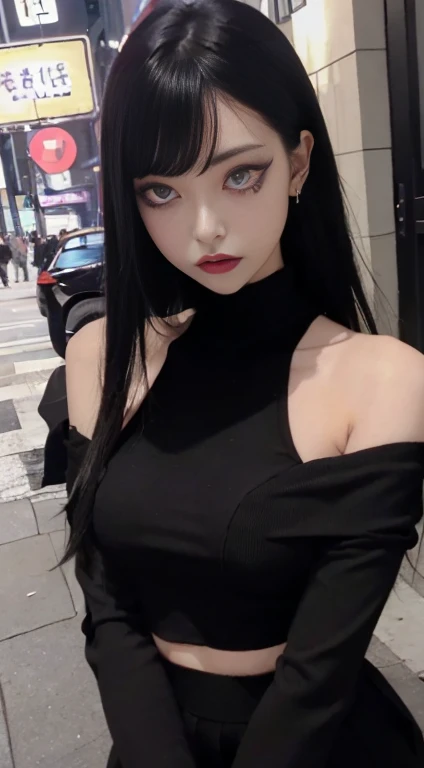 4k-ultra clear、highest quallity, work of art, ultra high resolution, (reality: 1.4),   de *******, purples eyes, Off Shoulder Sweater Dresses, cinematic lighting、purple and black hair、(My girl、gothic makeup、mine makeup)、(Pierced Ears、breasts big、Oversized black t-shirt with open shoulders-dark skirt)、((dark make-up、greasy skin,shining skin、textura de pele realista、detailed beautiful skin、shining skin)), dark area of the city center at night、Kabukicho、dark cyberpunk、(Accurate shot:1.8)、fine legs、Thin arms、slim shoulders、Waist slender、slenderbody、breasts big、all-body