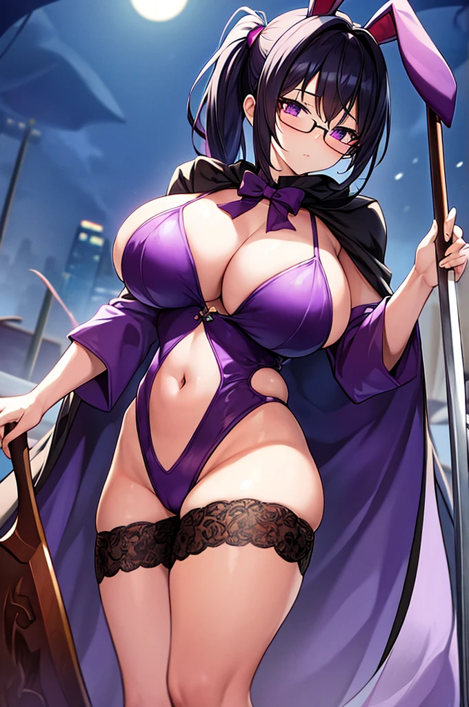 masterpiece,Big Breasts,beauty,Purple glasses,Black Hair,Side Ponytail,Bloody,rabbit mask,Has an axe,Standing under the cloak,night