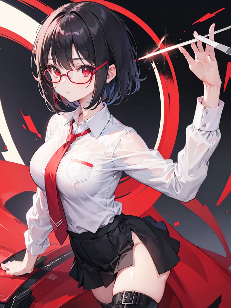 1 Girl,{White shirt},Black Hair,short hair,Red Eyes,wear glasses,Medium breasts,Red tie，Bangs，Black skirt，Black Martin boots，bend over