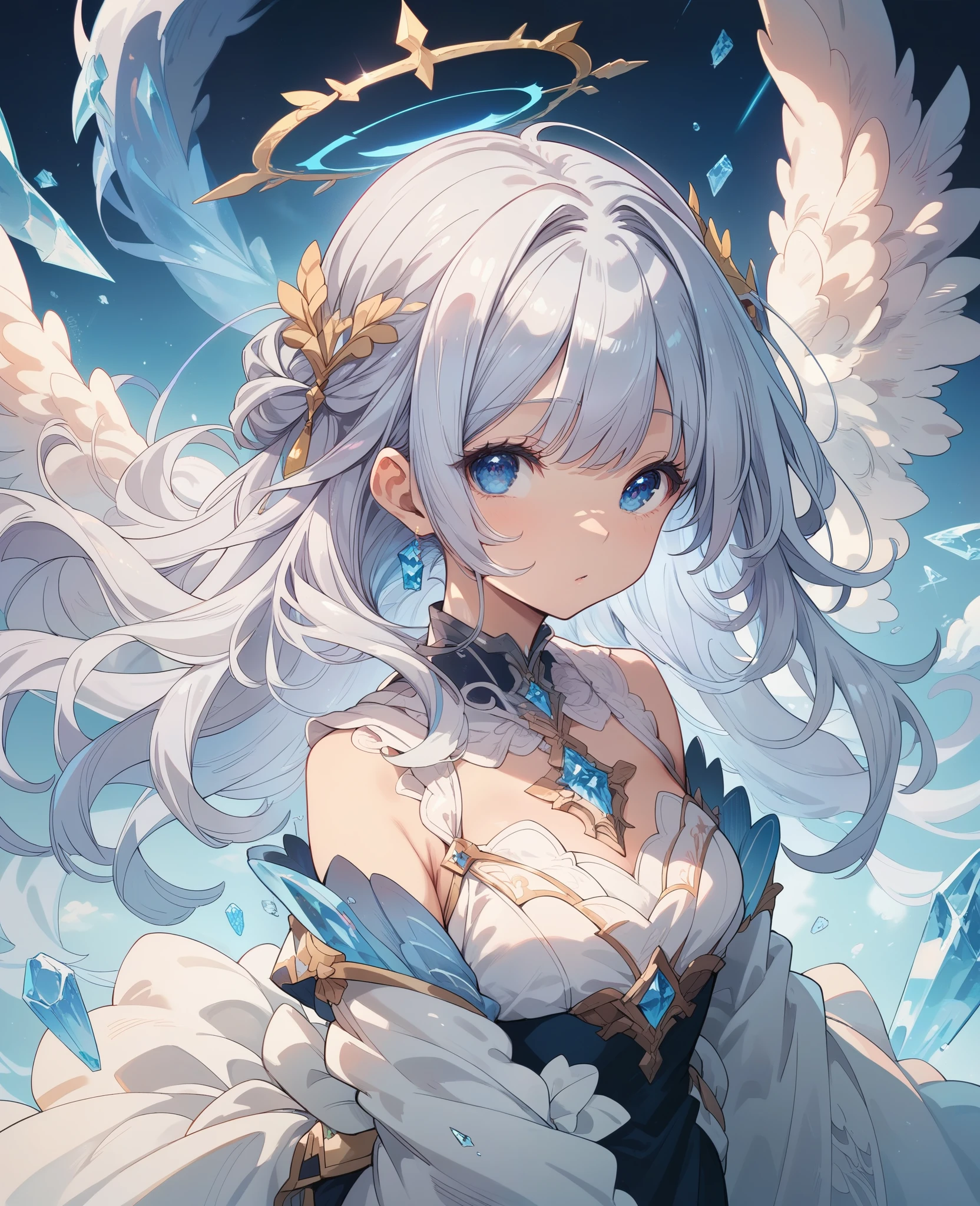 Beautiful Face , Dress up in fantasy, Delicate decoration、Long twin tail hair, Silver Hair, 4k resolution, 最high quality, In public, masterpiece, Crystal Blue Eyes, Broken Angel Halo, Angel&#39;s wing、high quality, 