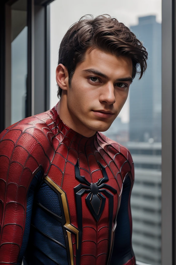 A photograph of spider man, no mask, 20 yo, handsome, detailed face, looking at camera, portrait, 8k uhd, high quality