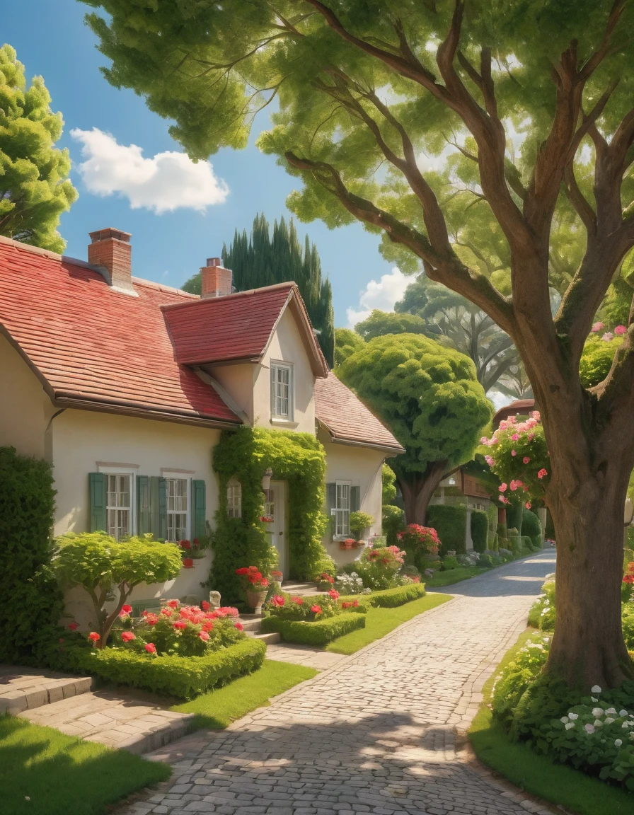 Create a vibrant and serene neighborhood scene under a clear blue sky filled with fluffy white clouds. The focal point is a large, ancient tree with a thick, textured trunk and sprawling branches covered in lush green foliage. The sunlight filters through the leaves, casting dappled shadows on a cobblestone pathway that winds through the quaint, well-kept houses with red-tiled roofs and wooden exteriors. One house prominently features a "Lazy Days" sign, a mailbox, and a flower garden filled with blooming roses and other colorful plants. The overall atmosphere is peaceful, with bright, natural colors and a warm, inviting feel. Hyper realistic photo, 16k, Vibrant colors