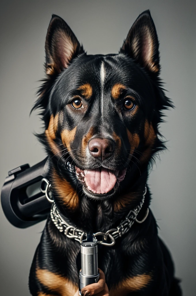 Dog holding a gun with its mouth 