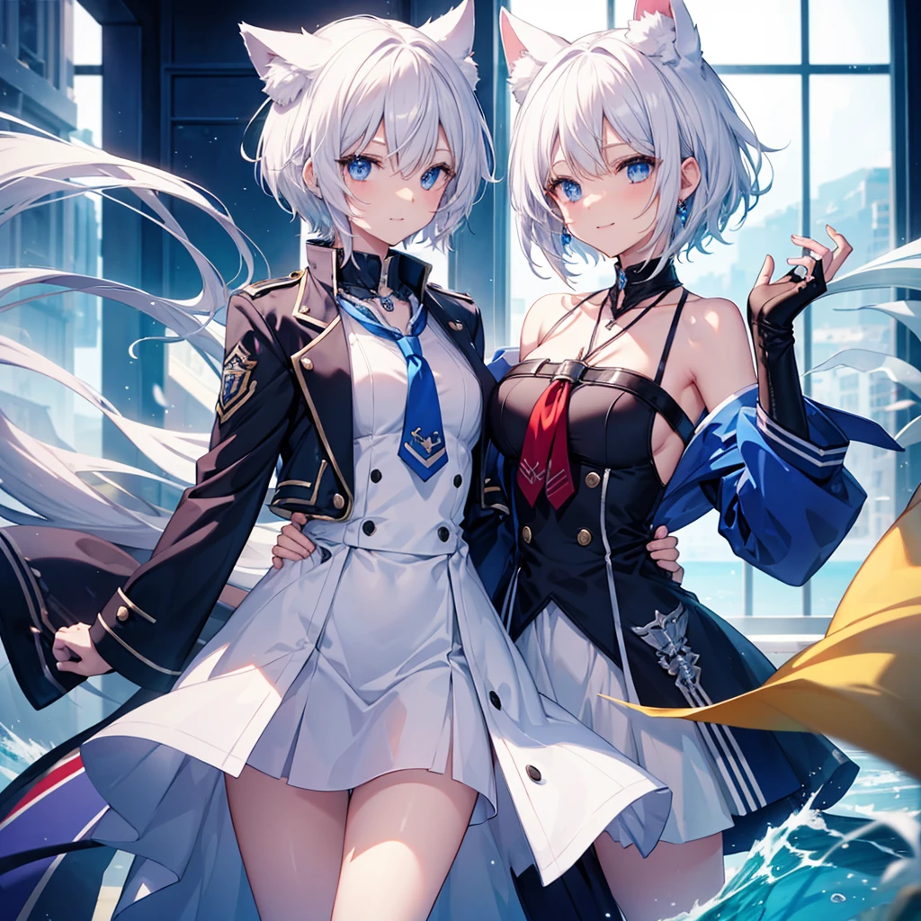 White Hair　blue eyes　short hair　Have　student　Cat ear　nice　Blue Earrings　necklace　gloves　beauty　thin　Sailor suit　Put on a black coat　Fantasy　smile　coastal　sunset　Fluffy hair
