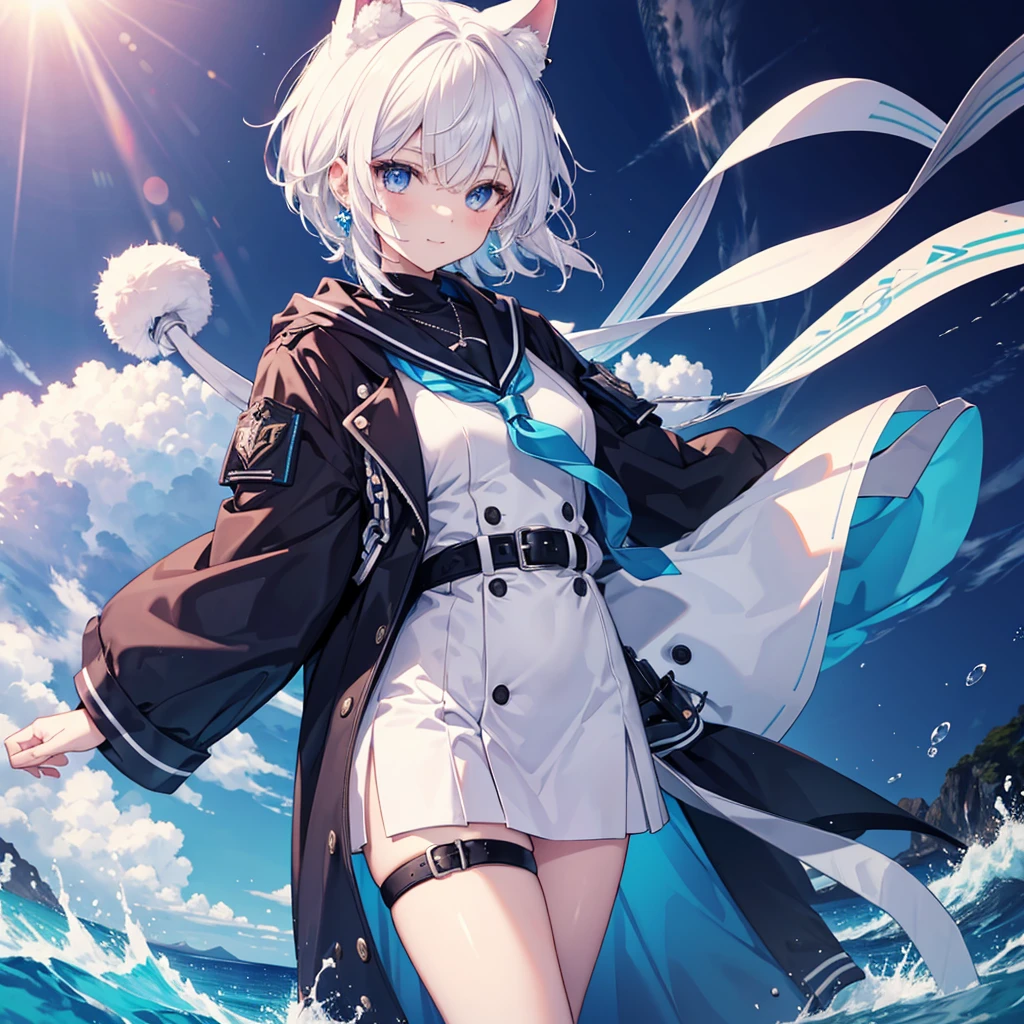 White Hair　blue eyes　short hair　Have　student　Cat ear　nice　Blue Earrings　necklace　gloves　beauty　thin　Sailor suit　Put on a black coat　Fantasy　smile　coastal　sunset　Fluffy hair