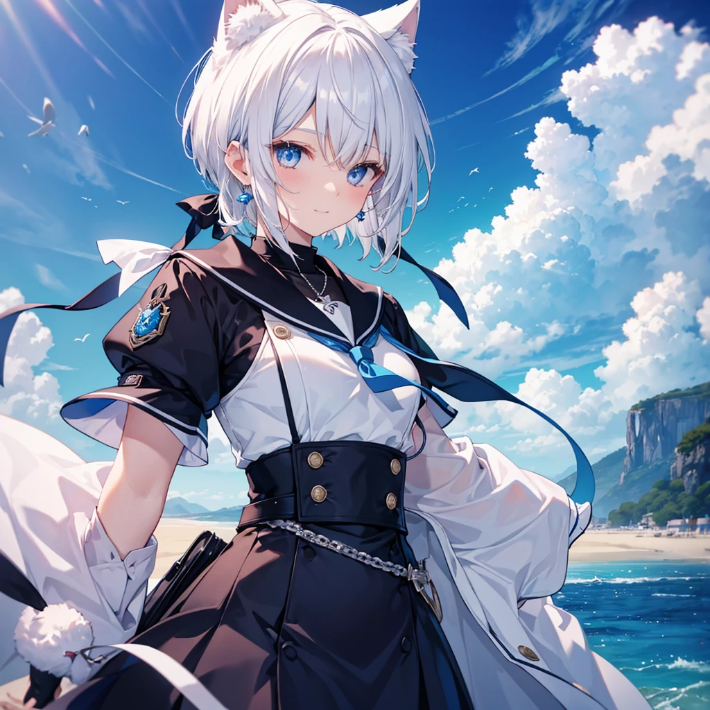 White Hair blue eyes short hair Have student Cat ear nice Blue Earrings necklace gloves beauty thin Sailor suit Put on a black coat Fantasy smile coastal sunset Fluffy hair