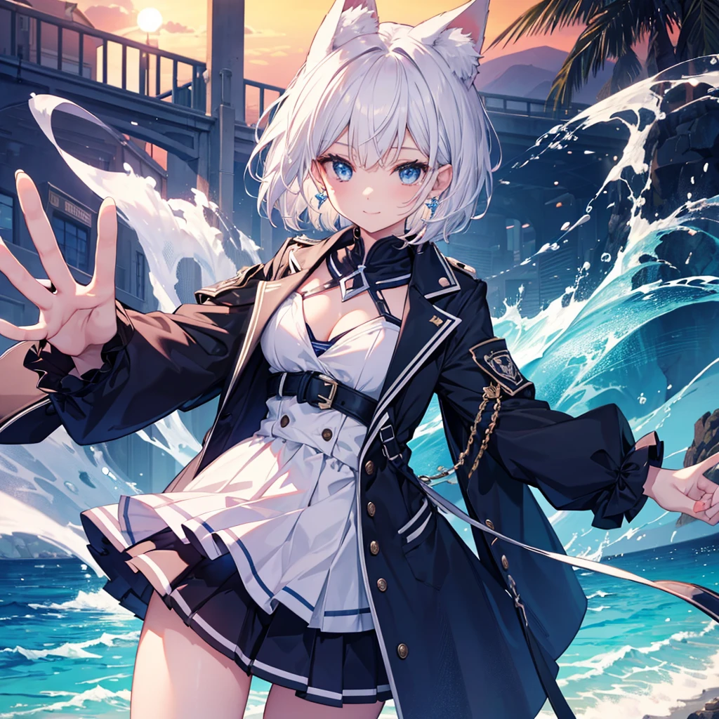 White Hair　blue eyes　short hair　Have　student　Cat ear　nice　Blue Earrings　necklace　gloves　beauty　thin　Sailor suit　Put on a black coat　Fantasy　smile　coastal　sunset　Fluffy hair