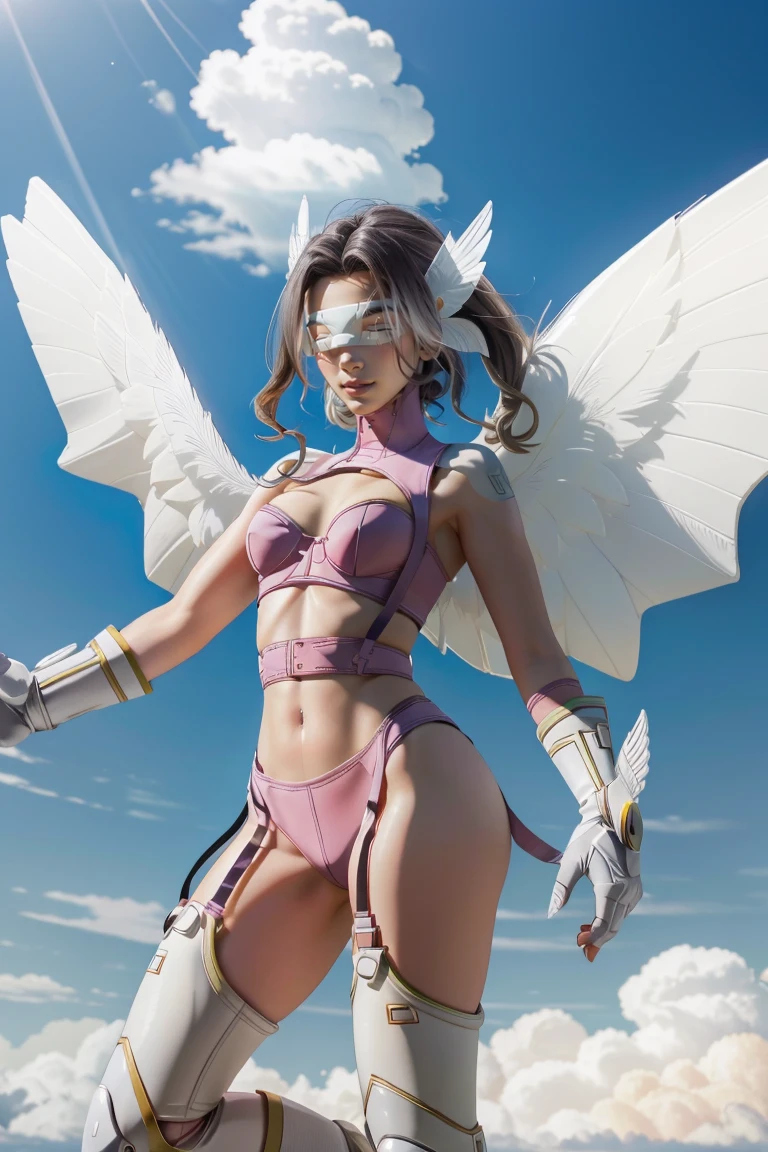 best quality, intricate details,
1girl,  Angewomon, winged helmet, helmet over eyes, helmet on, covered eyes,white multiple wings, white wings, pink hagoromo, single glove, strapless,white bodysuit, gold strapless bra, black belt, two belts, collabrone, bare shoulders, body, full body,