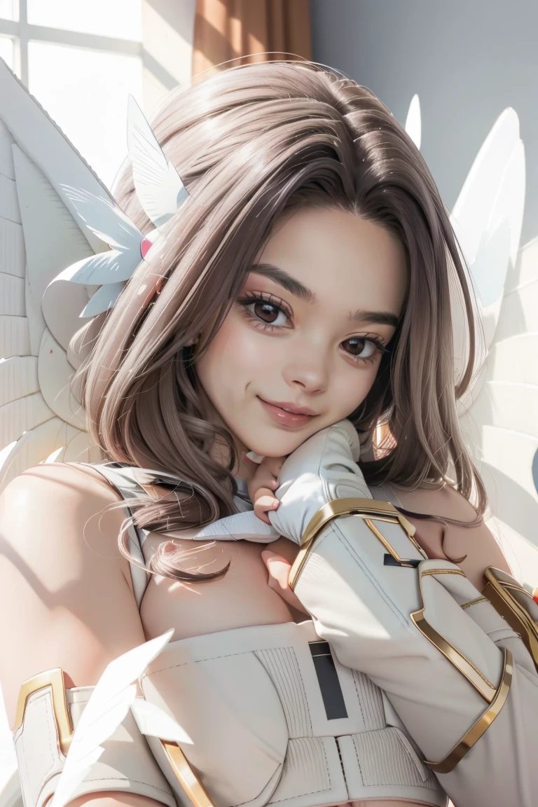 best quality, intricate details,
1girl,  Angewomon, winged helmet, helmet over eyes, helmet on, covered eyes,white multiple wings, white wings, pink hagoromo, single glove, strapless,white bodysuit, gold strapless bra, black belt, two belts, collabrone, bare shoulders, body, full body,