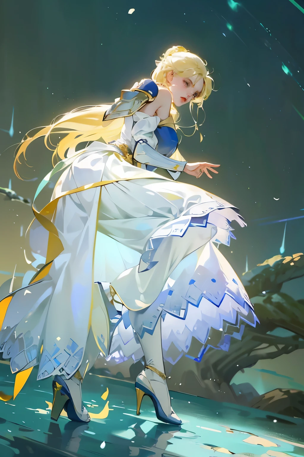 masterpiece, best quality, Practical, (1 girl: 1.3), blue gold white clothes, Shoulder-length hair, Jump, leap, dance, Green, gold and white clothes, Long skirt, Long scarf, flow, Light Armor, Snow-white skin, Bare shoulders, whole body, (From below:1.5), Martial Arts, dynamics, flame, particle