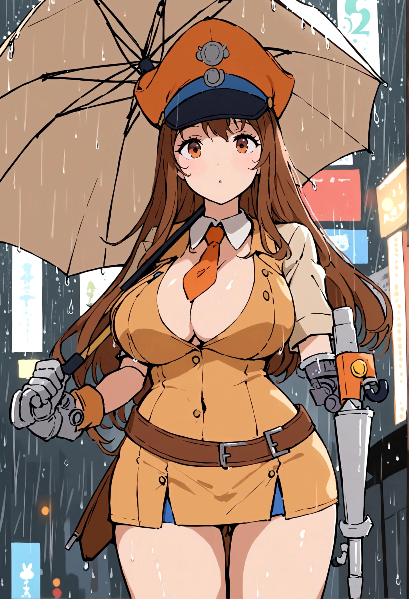 A female version of Inspector Gadget (cute sexy inspector 2 piece outfit, detective hat that has opened at the top and extended a robot arm holding an umbrella), downpour rain, new york