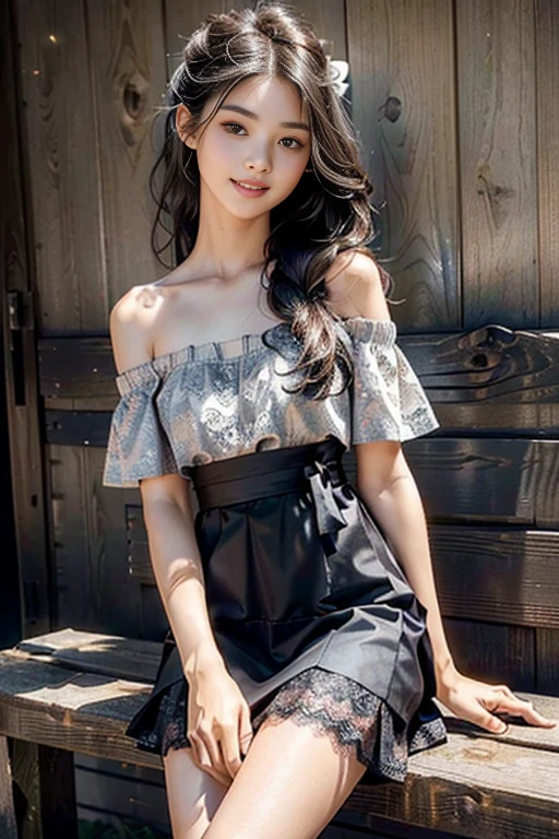 (4k, Photorealistic, Top Quality, Ultra High Resolution, Masterpiece, Raw Photo, Bright Lighting, Face Light, Smooth Professional Lighting, Japan Girl, Super Cute, Realistic Skin, Hydrated Skin, Perfect Model Body Type, Balance Carefully, Bright Smile Showing Teeth, Childish Face, beautiful girl, Small breasts, Camera Gaze, Big Eyes, Symmetrical Eyes), Upper Body Images, Upper Body Close Up, Front Pose, hairstyle(Black Straight Long Hair, Straight Hair, Long Hair, Black Hair, Pretty black hair), fashion((Cute off the shoulder, Off the shoulder with a large ribbon, Off the shoulder in gray color), (Cute Lace Skirt, White lace skirt, Lace Flared Skirt)), sea, Boarding the ship, On board