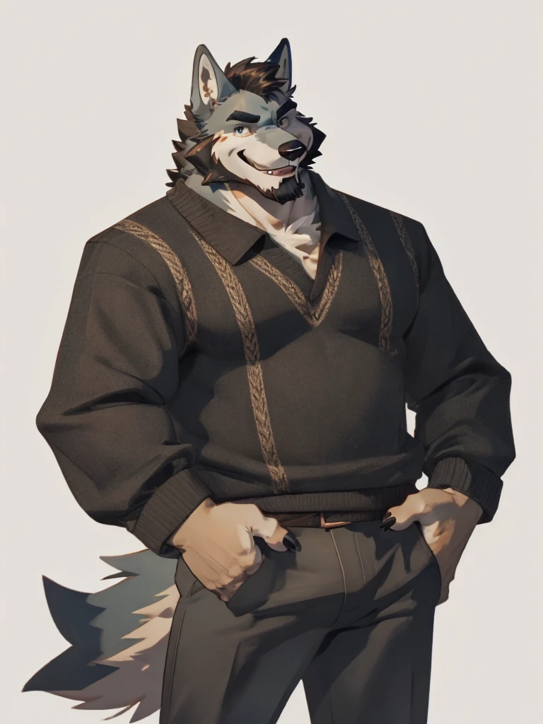 white background, muscular male, male, bara, furry, wolf, wolf ear, tail, 40s, beard, wearing sweaters, wearing long pants, 40s, looking at viewer, smiling,