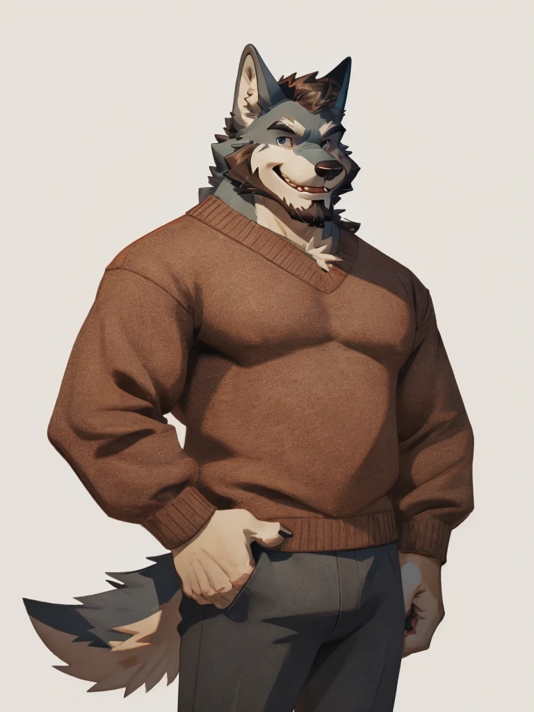 white background, muscular male, male, bara, furry, wolf, wolf ear, tail, 40s, beard, wearing sweaters, wearing long pants, 40s, looking at viewer, smiling,