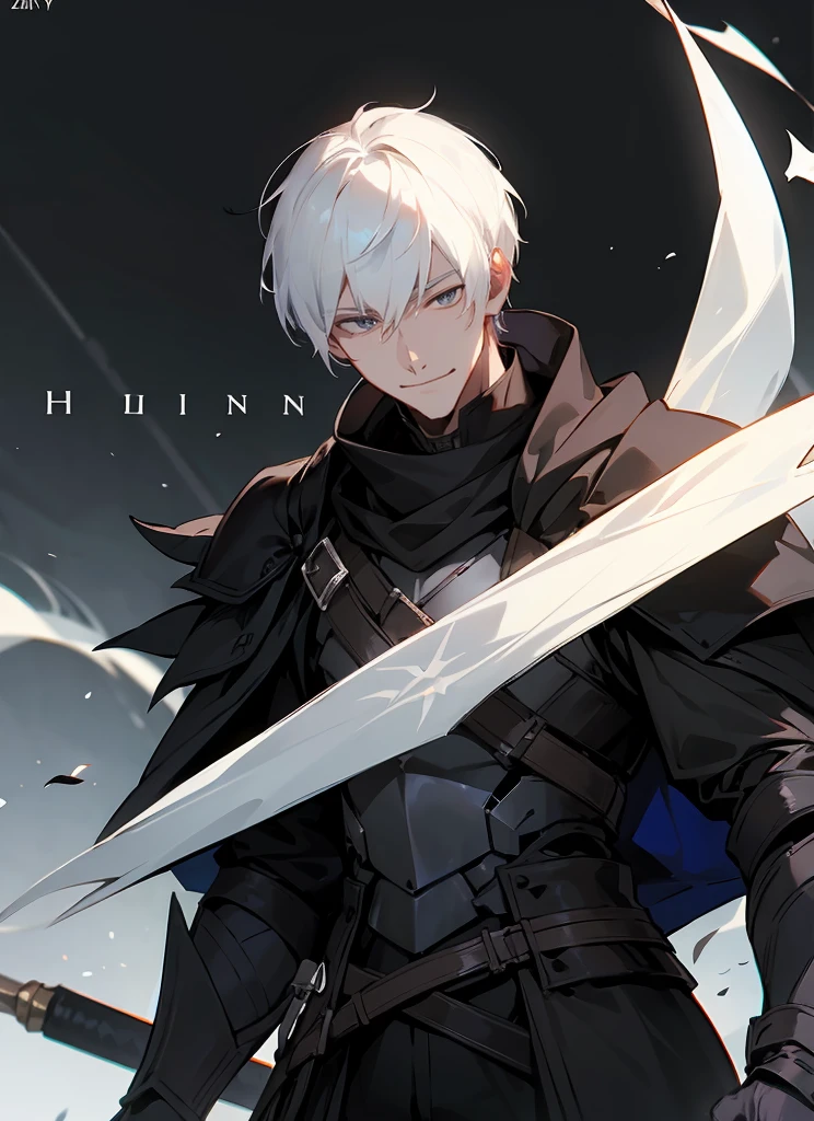 1 , handsome fashion hair,black hair highlight white hair, fanstasy, smile face, male ,fantasy, reaper, hunter with blackshortsword, villian face, short hair black armor , darkness wolrd, 21 yearold 