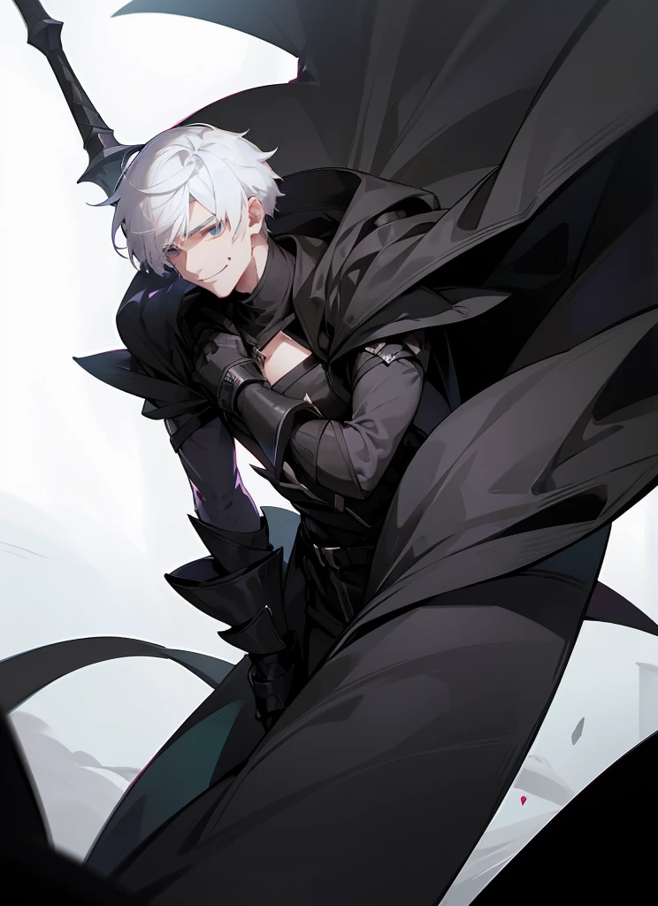 1 , handsome fashion hair,black hair highlight white hair, fanstasy, smile face, male ,fantasy, reaper, hunter with blackshortsword, villian face, short hair black armor , darkness wolrd, 21 yearold 