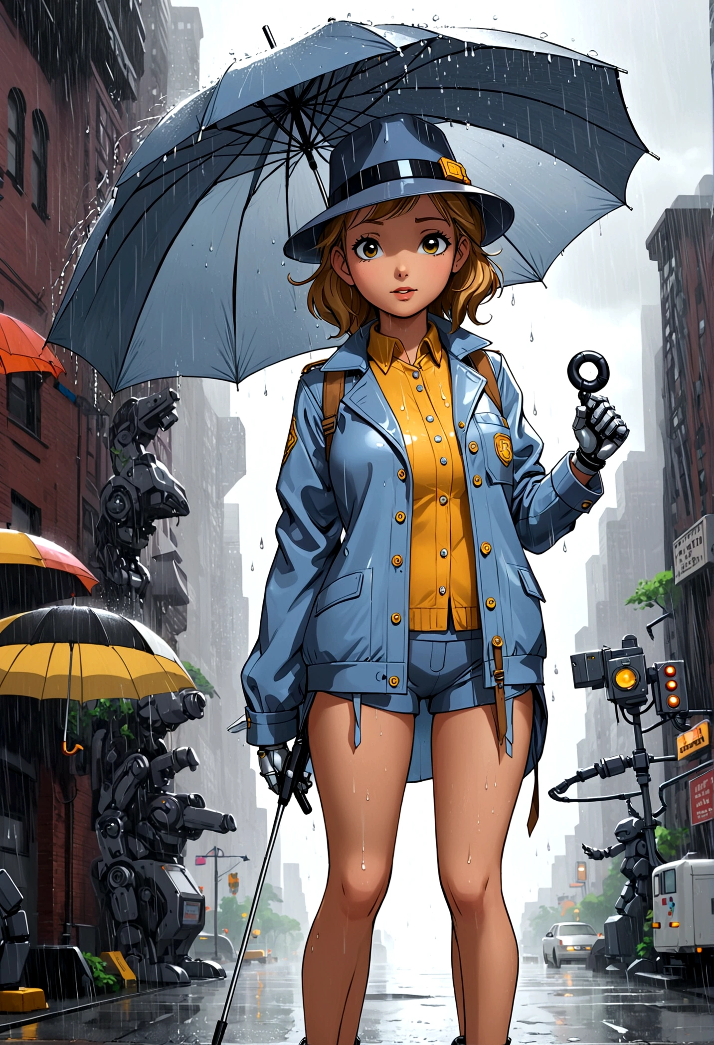 A female version of Inspector Gadget (cute sexy inspector 2 piece outfit, detective hat that has opened at the top and extended a robot arm holding an umbrella), downpour rain, new york