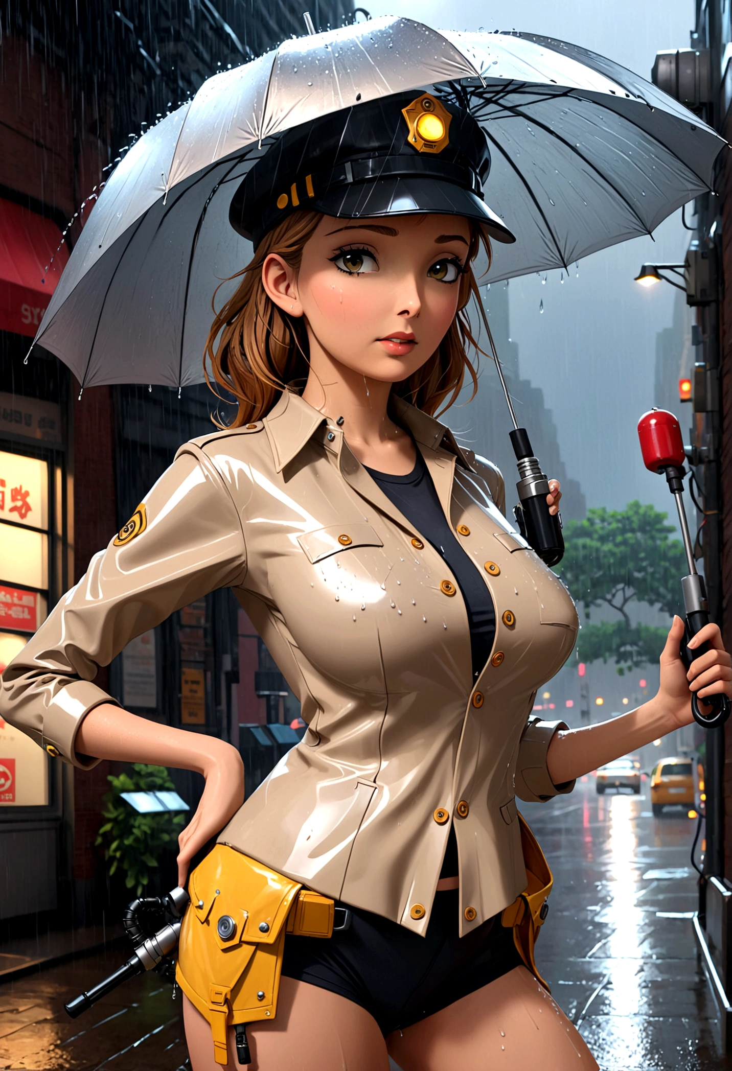 A female version of Inspector Gadget (cute sexy inspector 2 piece outfit, detective hat that has opened at the top and extended a robot arm holding an umbrella), downpour rain, new york