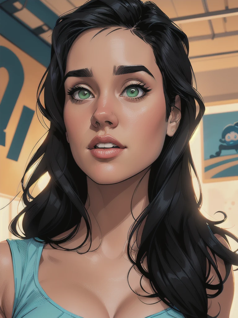 Jennifer Connelly a drawing of a woman with long black hair and green eyes, cartoon art style, cartoon digital painting, in digital illustration style, Cartoon art style, realistic art style, cartoon digital art, cartoon style illustration, digital cartoon painting art, comic drawing style, digital comic art, matte digital illustration, photorealistic art style, digital art cartoon, realism art style