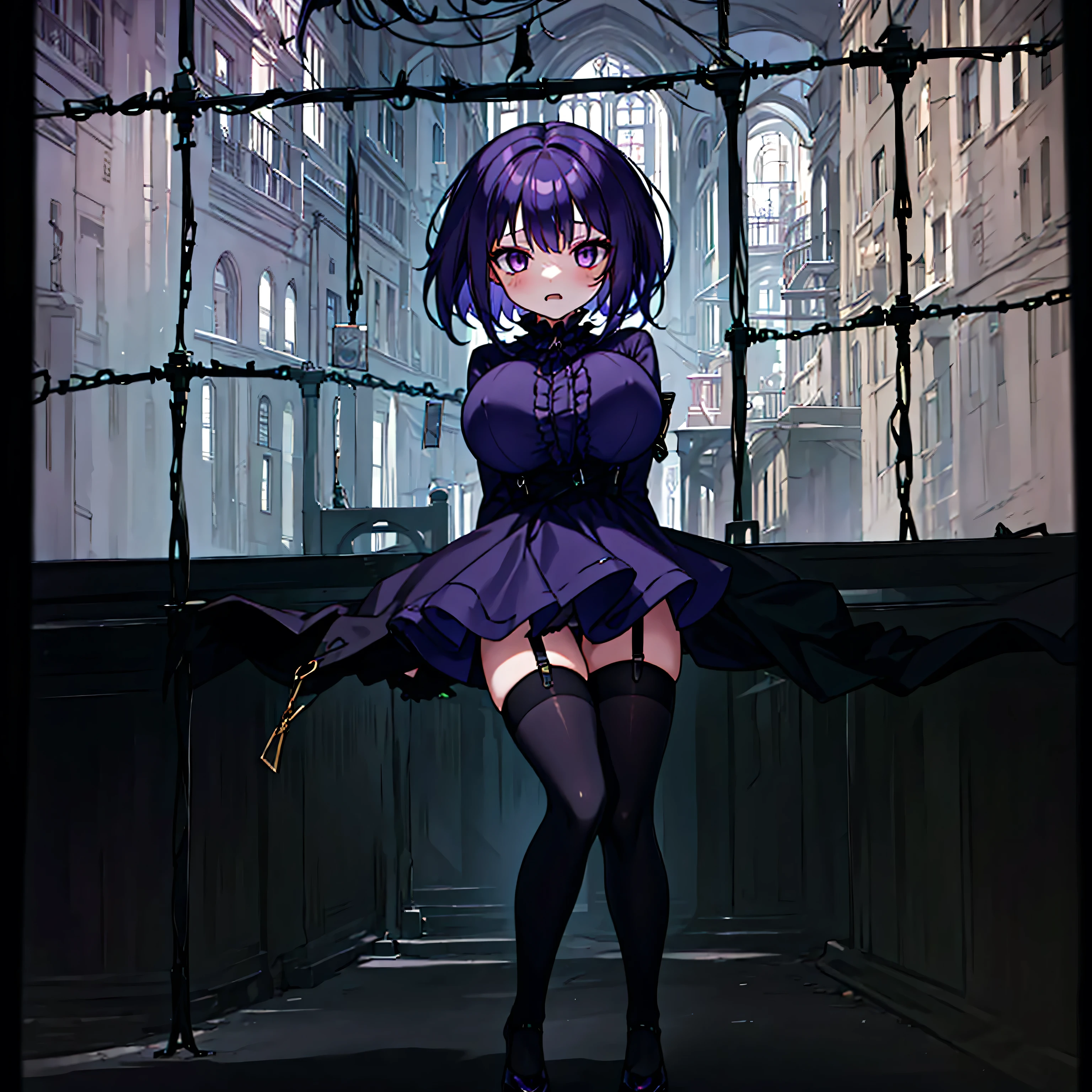 (solo), (1 skinny short girl:1.2), in the dark hall of mansion, (midnight), purple eyes over hair, Gothic ta, arms behind back, BREAK, (black short hair), (bursting huge breasts:1.1), (bouncing huge breasts:1.2), pale white skins, (skinny narrow waist), skinny legs, BREAK, (frilled layered black short dress), (frilled black cape), close chest, frilled long sleeve, show off thigh gap, (frilled black thighhighs:1.1), stiletto heels, BREAK, sad face, orgasm, coverd erectile nipples