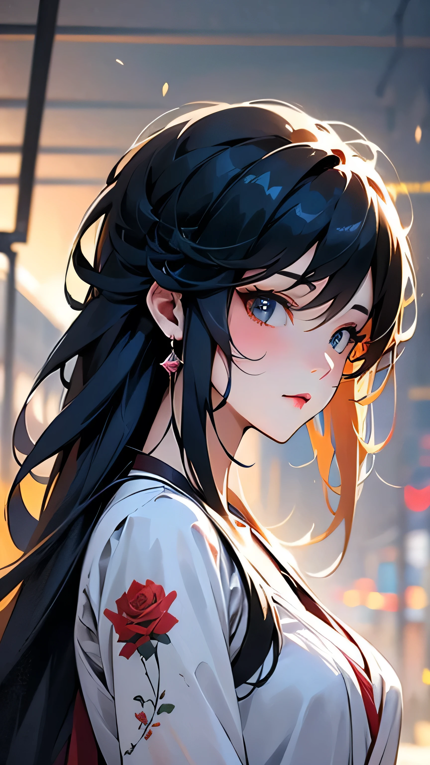animemanga girl，Long black hair，whiteskirt，red rose, Tattooed with, Delicate and beautiful eyes, guweiz, guweiz on pixiv artstation, detailed digital anime art, Beautiful anime girls, guweiz on artstation pixiv, Anime style 4k, Guys, a beautiful anime portrait, detailed portrait of an anime girl, detailed anime art, beautiful anime woman