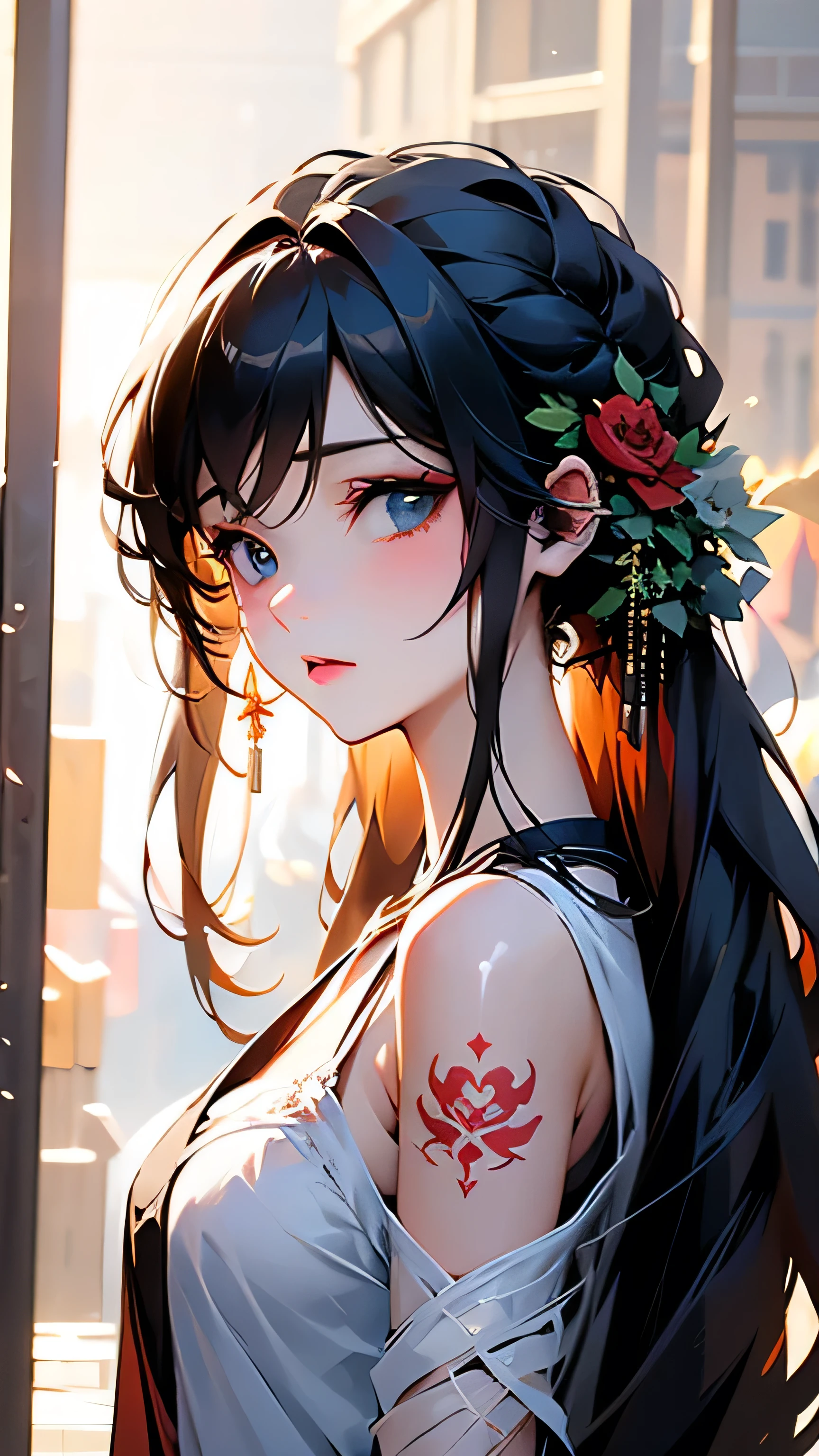 animemanga girl，Long black hair，whiteskirt，red rose, Tattooed with, Delicate and beautiful eyes, guweiz, guweiz on pixiv artstation, detailed digital anime art, Beautiful anime girls, guweiz on artstation pixiv, Anime style 4k, Guys, a beautiful anime portrait, detailed portrait of an anime girl, detailed anime art, beautiful anime woman