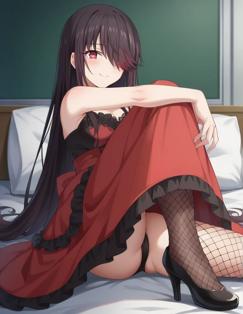 score_9, score_8_up, score_7_up, source_anime,
kurumitokisaki, kurumi tokisaki, long hair, black hair, red eyes, hair over one eye, smile,
red chi-pao, lift chi-pao, long black fishnet stockings, High heels,black Lace underwear
indoors, on the bed, blush,
looking at viewer, side lying,