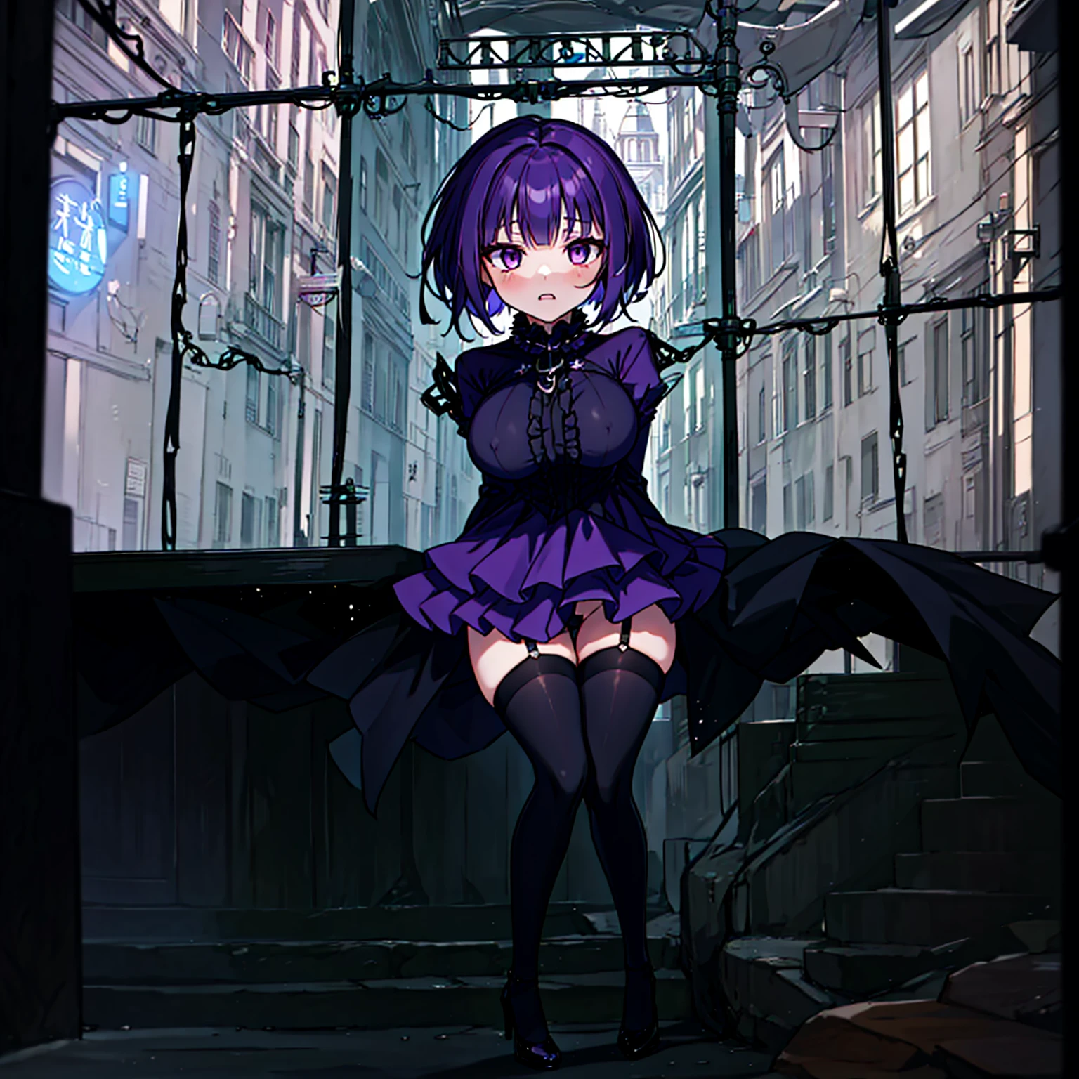 (solo), (1 skinny short girl:1.2), in the dark hall of mansion, (midnight), purple eyes over hair, Gothic , arms behind back, BREAK, (black short hair), (bursting huge breast (bouncing huge breasts:1.2),hite skins, (skinny narrow waist), skinny legs, BREAK, (frilled layered black short dress), (frilled black cape), close chest, frilled long sleeve, show off thigh gap, (frilled black thighhighs:1.1), stiletto heels, BREAK, sad face, orgasm, coverd erectpples