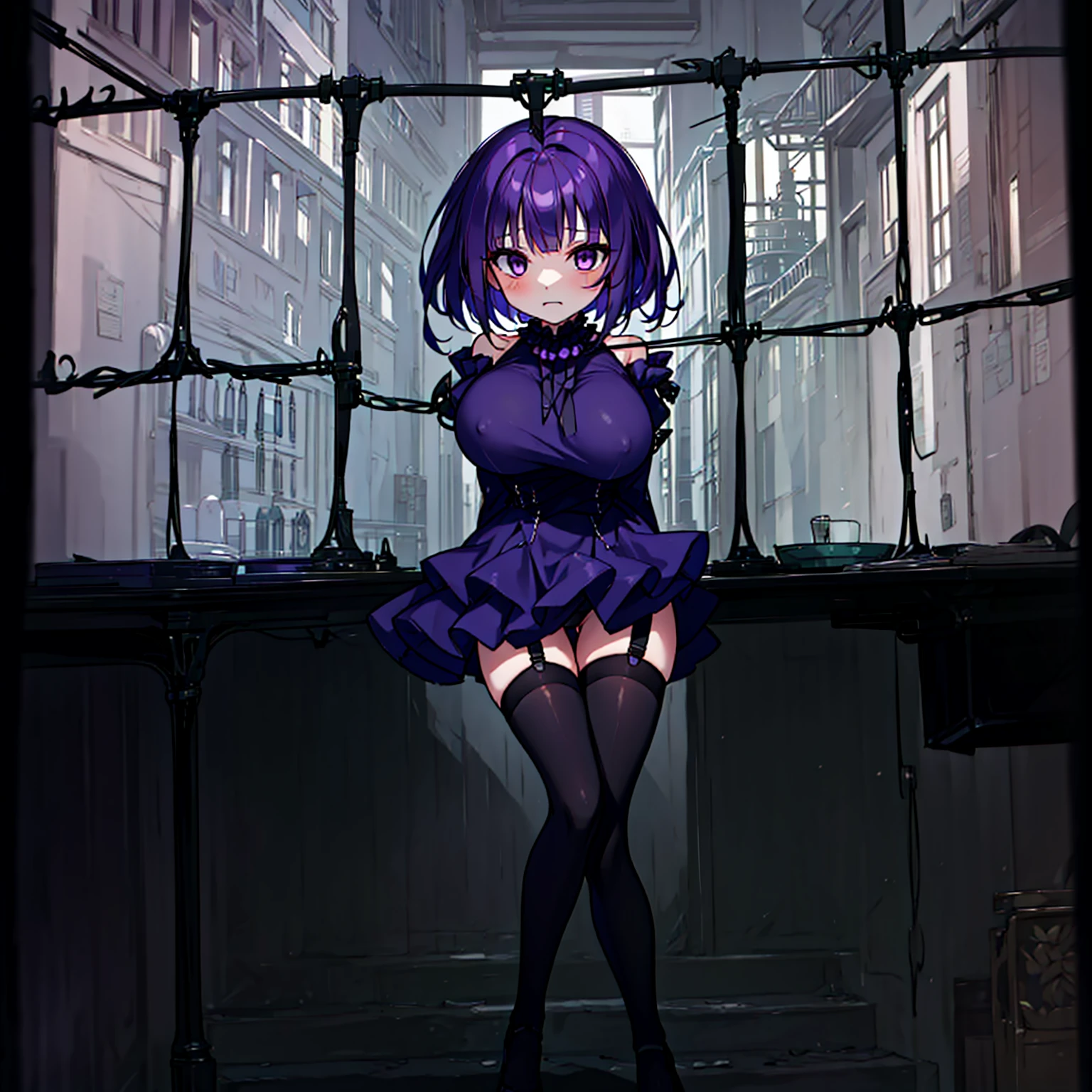 (solo), (1 skinny short girl:1.2), in the dark hall of mansion, (midnight), purple eyes over hair, Gothic ta, arms behind back, BREAK, (black short hair), (bursting huge breasts:1.2), (bouncing huge breasts:1.2), pale white skins, (skinny narrow waist), skinny legs, BREAK, (frilled layered black short dress), (frilled black cape), close chest, frilled long sleeve, show off thigh gap, (frilled black thighhighs:1.1), stiletto heels, BREAK, sad face, orgasm, coverd erectile nipples