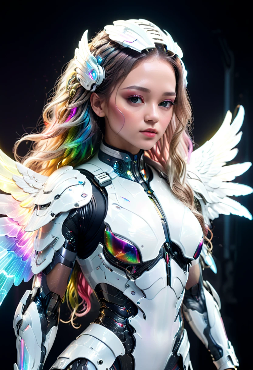 cyborg fighter, large wings, white cyberpunk armor, acrylic clear cover, long rainbow wavy hair, glowing skin, cyberpunk style, futuristic headgear, intricate details, hyper realistic, cinematic lighting, dramatic pose, volumetric lighting, photorealistic, 8k, ultra detailed, her entire body is shown, (full body:1.5), perfect faces