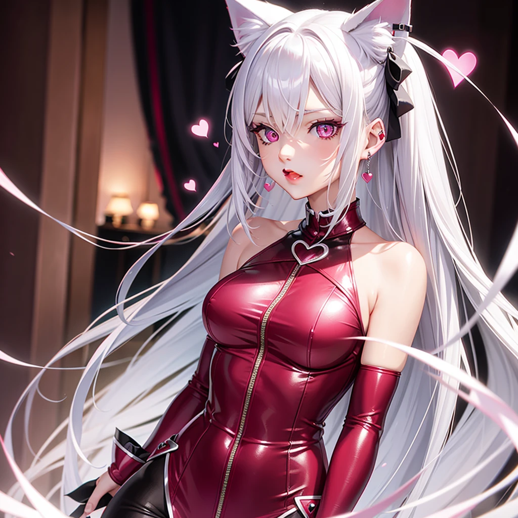 Silver hair, pink eyes, body, cat ears, sexy girl, earrings, heart background fantasy, red uniform, hair bow