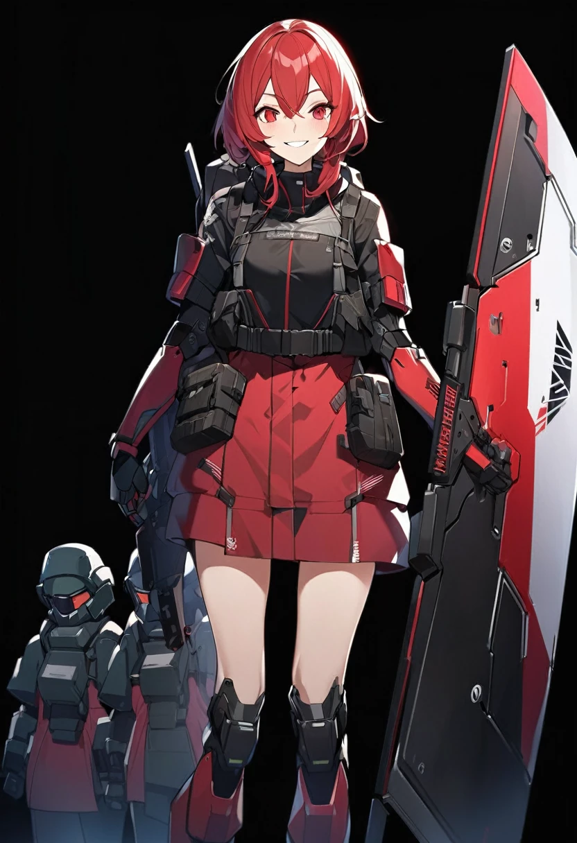 Anime-style girl in black and red outfit holding large shield, Cyberpunk Anime Girl Mecha, Wearing technical clothing, Amazing anime 8k, From Girls Frontline, Mechanized Soldier Girl, Special Assault Team, special forces, M4 Sopmod II Girls Frontline, Official character art, Kashert Kenz, Kshat Garland, ((short length red hair)), innocent, (cute), smiling, ((black background)), ((simple background)), ((holding super large shield)), ((Shield as tall as the owner's height)), ((small chest)), ((black long botoms)), , ((Kindness)), ((gentleness)), cheerful, Happy Smile,