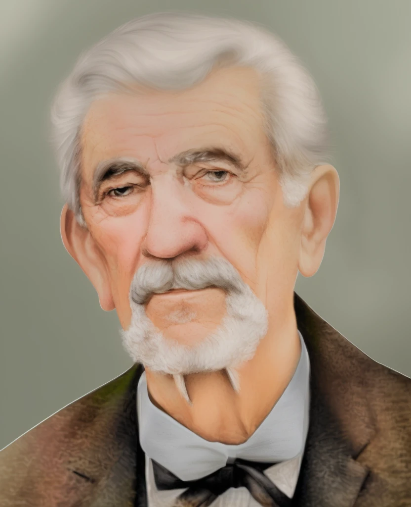 there is a digital painting of a man with a beard and bow tie, inspired by László Beszédes, a colorized photo, Senior 3D Rendering Artist, inspired by Karl Gerstner, portrait photo of an old man, inspired by Morris Kestelman, colorized portrait, detailed portrayal, oldman with mustach, Pablo Hurtado de Mendoza