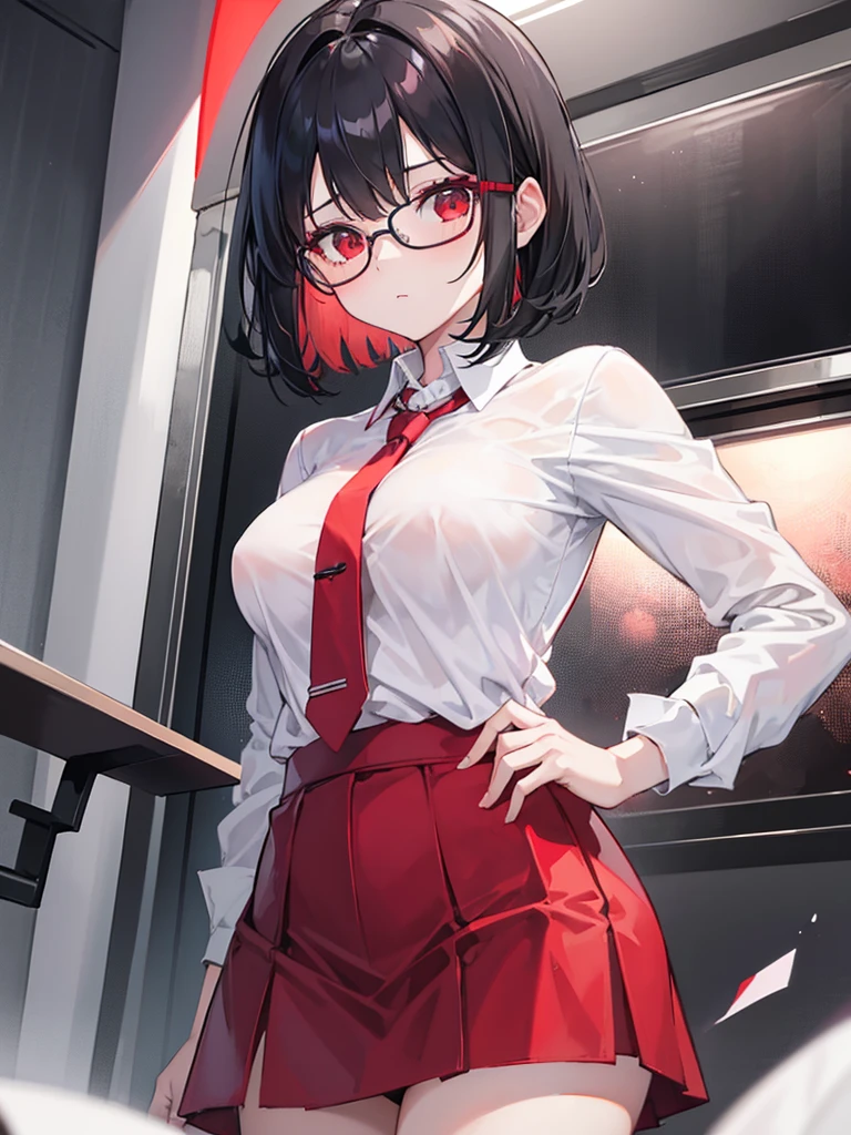 1 Girl,{White shirt},Black Hair,short hair,Red Eyes,wear glasses,Medium breasts,Red tie,bangs,Black skirt,bend over,Looking from the bottom up
