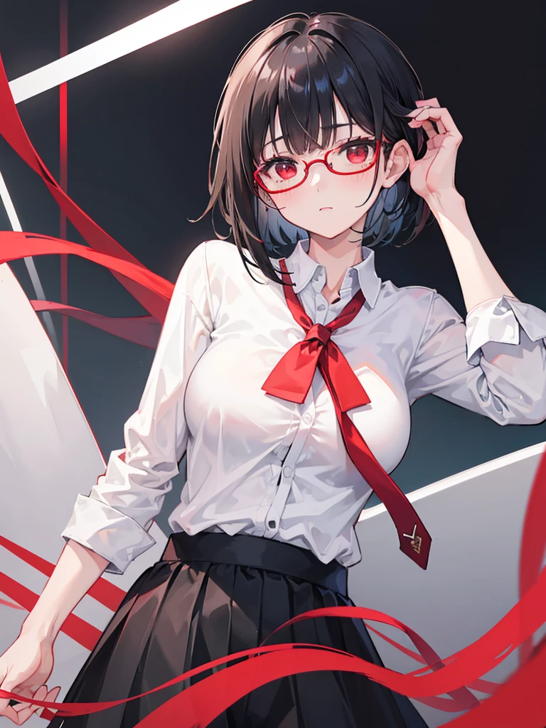 1 Girl,{White shirt},Black Hair,short hair,Red Eyes,wear glasses,Medium breasts,Red tie,bangs,Black skirt,bend over,Looking from the bottom up