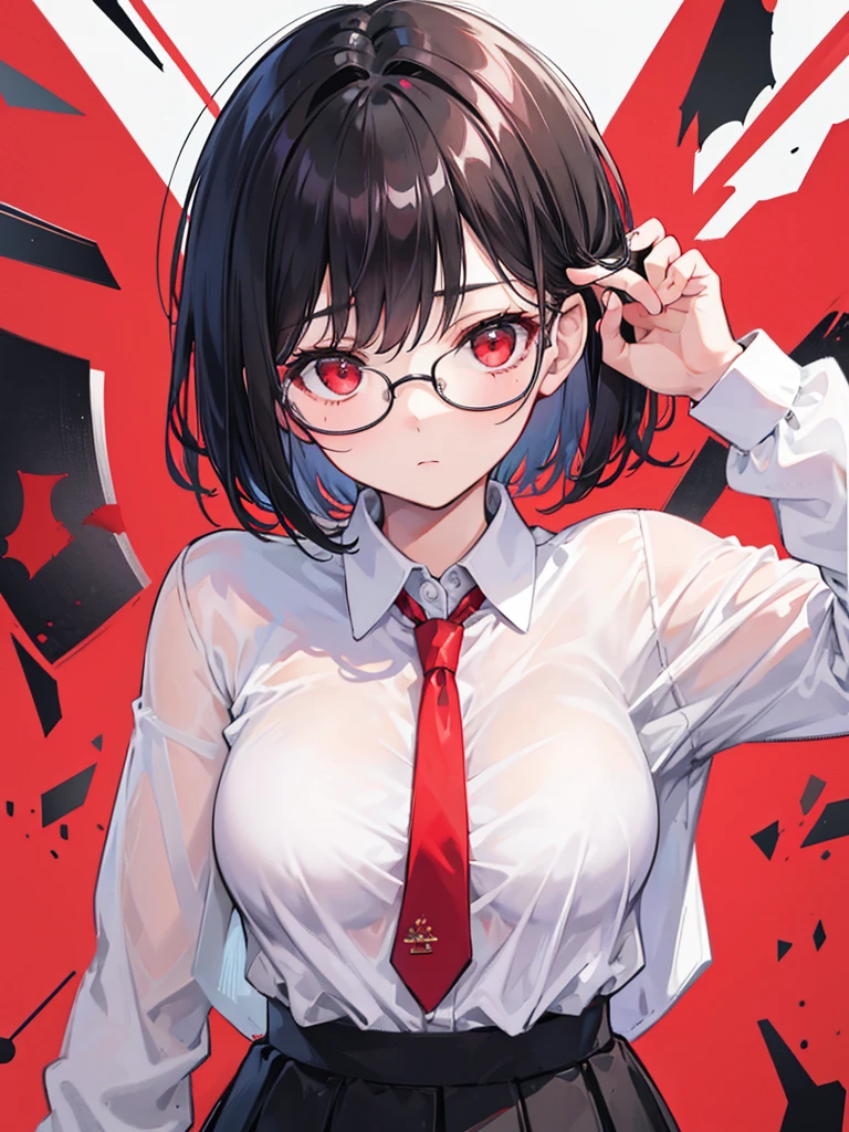 1 Girl,{White shirt},Black Hair,short hair,Red Eyes,wear glasses,Medium breasts,Red tie,bangs,Black skirt,bend over,Looking from the bottom up