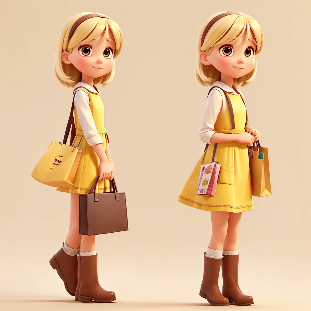 I want to create a cute character that looks like a person holding shopping bags, wearing a yellow dress and brown boots.. I want a minimalist background that resembles a virtual environment . It should look like it is offering a virtual product. I want light blonde hair
