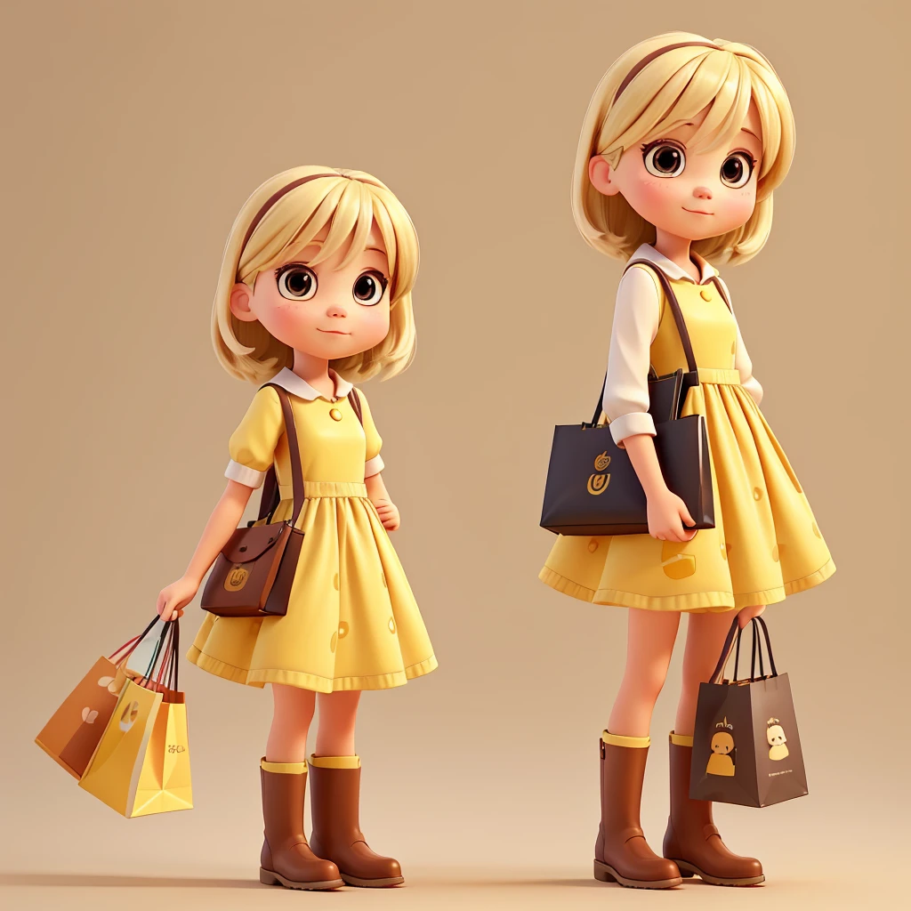 I want to create a cute character that looks like a person holding shopping bags, wearing a yellow dress and brown boots.. I want a minimalist background that resembles a virtual environment . It should look like it is offering a virtual product. I want light blonde hair
