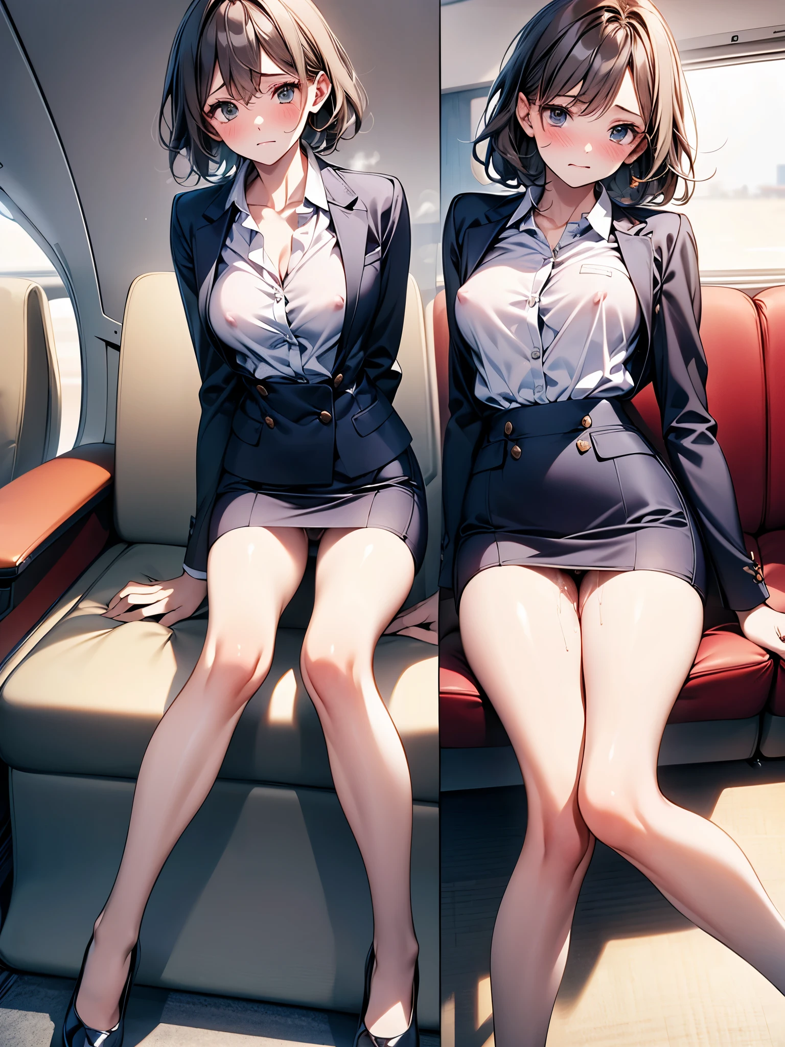 (1 person、alone:1.1), Beautiful woman, Anatomically perfect body, Slender、(stewardess、Cabin attendant), (Japan Air Line uniform、Jacket、Pencil Skirt:1.1)、(Look down:1.2), (detailed panty, Pussy juice:1.2)、20-year-old、(Highest quality)、Black Hair, (Half Up:1.1), On the plane、(8K, High resolution)、(shy:1.4)、medium breast, Thin legs、Small Ass、(steam:1.1), (embarrassed:1.3), show off nipples under shirt、sit、(knees to chest、Bend your knees), High heels、Sad face