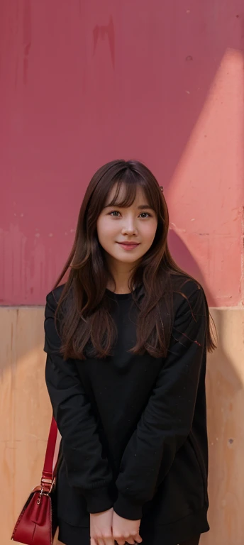 a woman holding a red purse standing in front of a wall, cute korean actress, header with logo, brown long hair with bangs, with a happy expression, of peppa pig, old yearbook photo, deepfake, stream, overlaid with chinese text, 30-year-old french woman