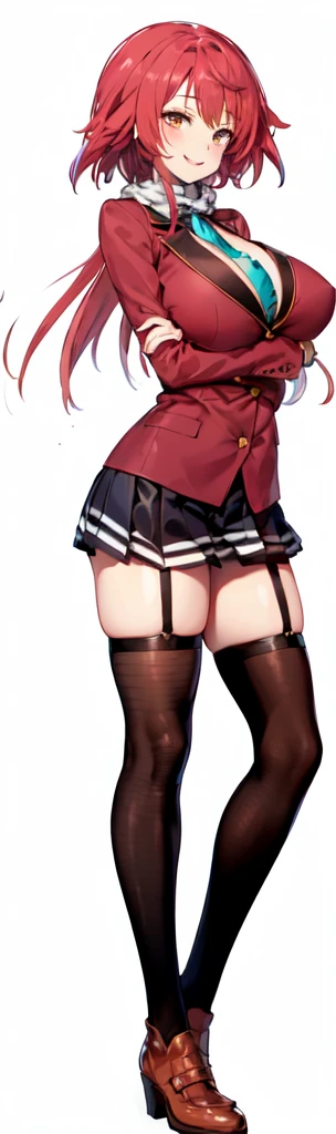masterpiece, Highest quality, High resolution, , Red Hair, Red Bow, Striped blue scarf, blazer, Gold Button,(A big smile),Red ugly jacket, Long sleeve, garter belt,Big Breasts,,Black Skirt, Black tights, Sexy thighs,Brown boots,Arms crossed,