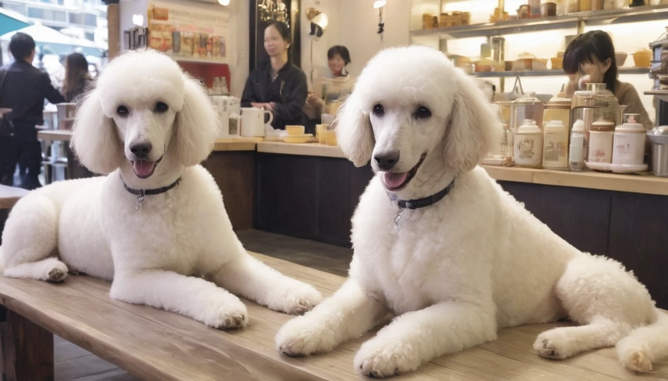 A white standard poodle at a dog cafe、Appearance of being pampered by customers。Stretching out his long limbs、Put your face on the customer's lap、Has a dreamy look on his face