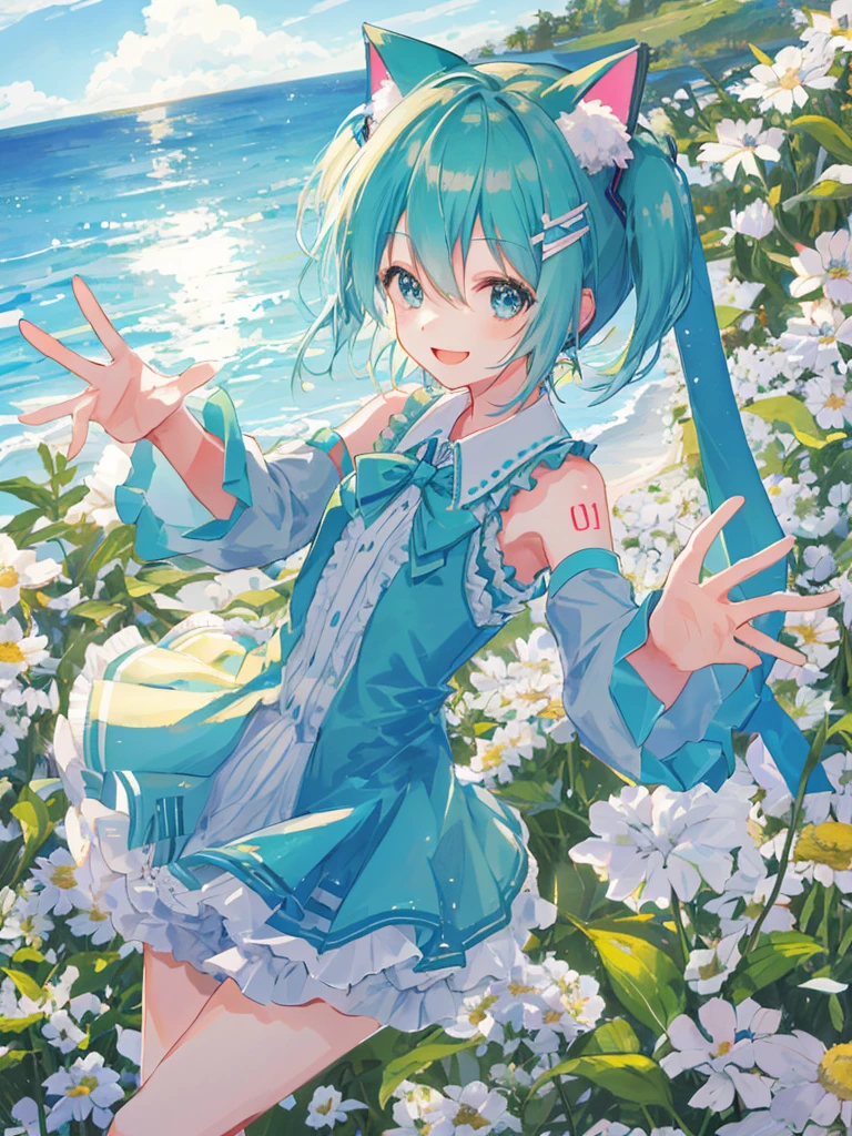 hatsune miku, cute, cat ears, smiling, short hair